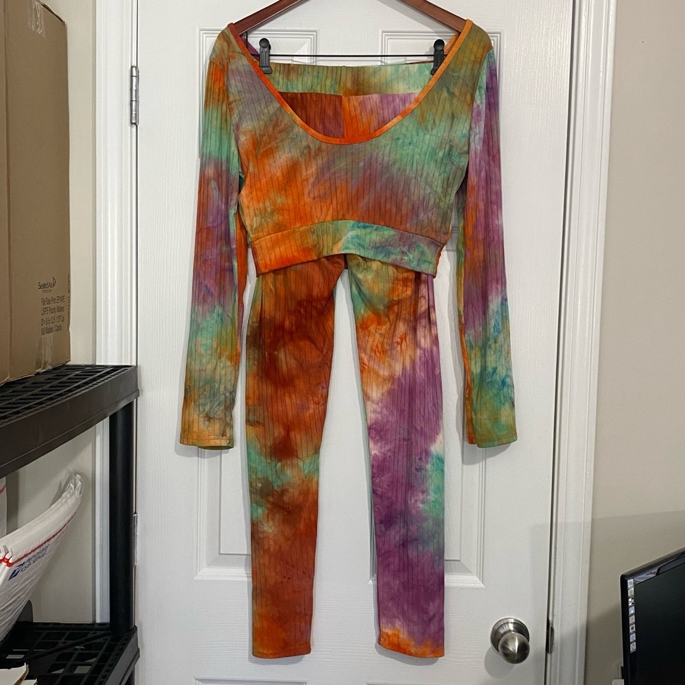 Ellie & Kate Crop Top & Leggings Sweatsuit Set Tie Dye Women’s Large Rainbow - Picture 13 of 13
